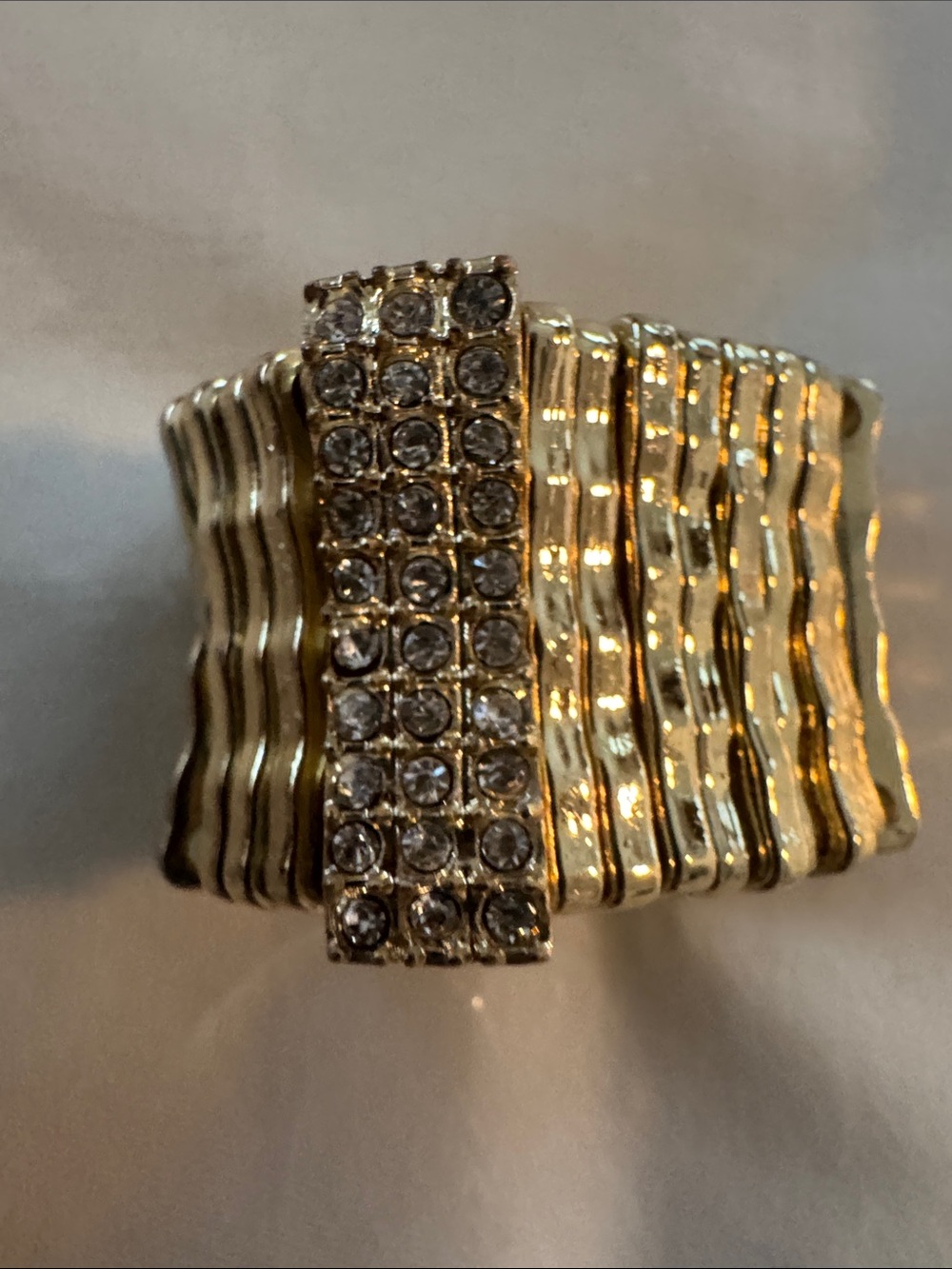 Gold Tone Rhinestone Stretch Statement Ring